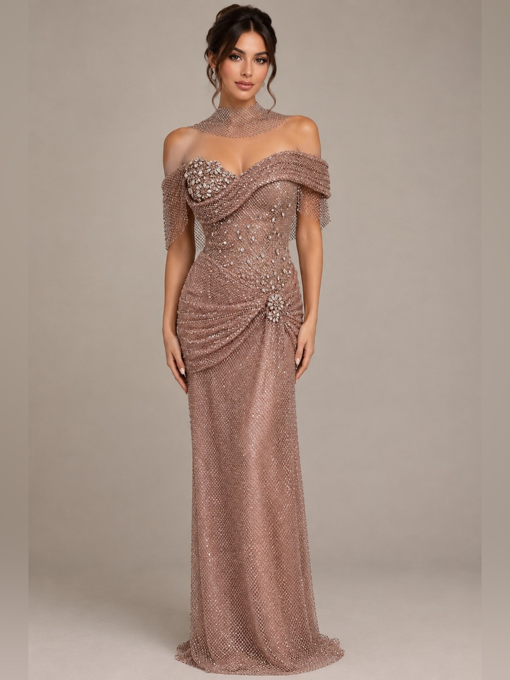 Embellished Off-Shoulder Evening Gown in Dusty Rose
